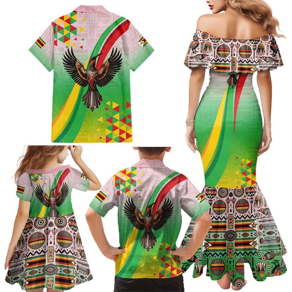Zimbabwe Vibe Family Matching Mermaid Dress and Hawaiian Shirt Tribal-Inspired Background with Geometric Flag Color Design