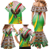 Zimbabwe Vibe Family Matching Mermaid Dress and Hawaiian Shirt Tribal-Inspired Background with Geometric Flag Color Design