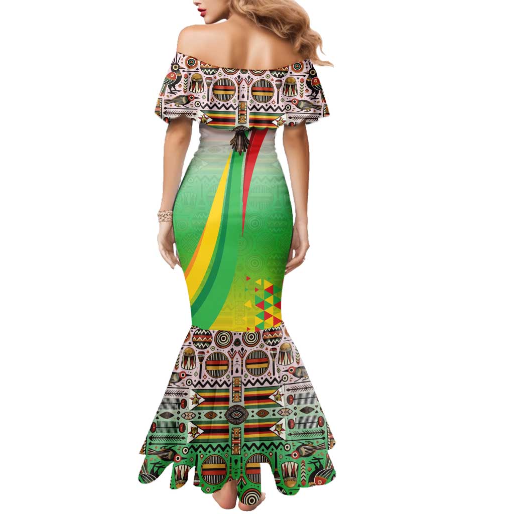 Zimbabwe Vibe Family Matching Mermaid Dress and Hawaiian Shirt Tribal-Inspired Background with Geometric Flag Color Design