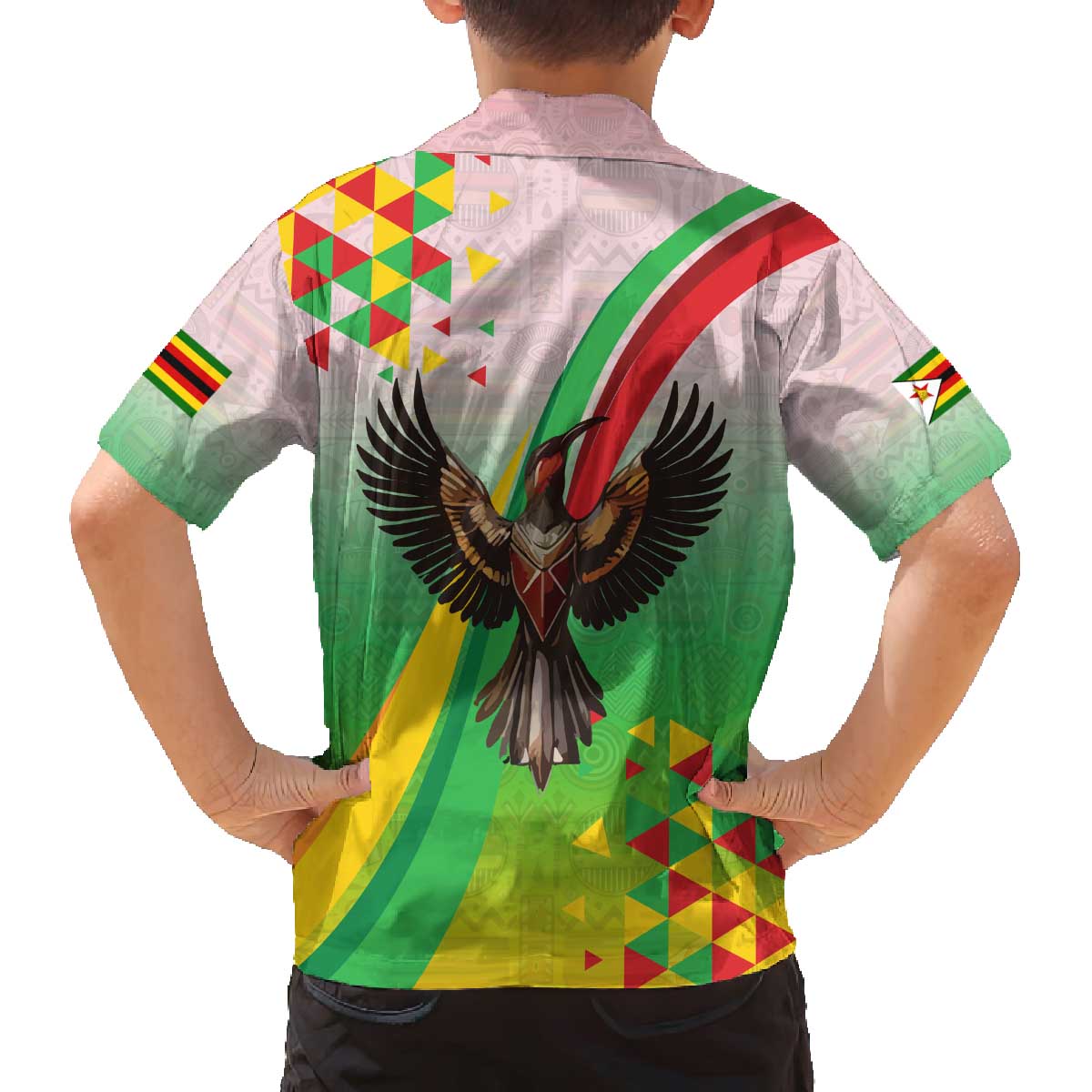 Zimbabwe Vibe Family Matching Off The Shoulder Long Sleeve Dress and Hawaiian Shirt Tribal-Inspired Background with Geometric Flag Color Design