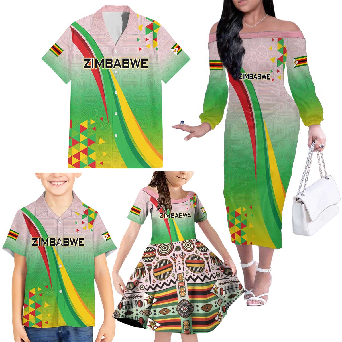 Zimbabwe Vibe Family Matching Off The Shoulder Long Sleeve Dress and Hawaiian Shirt Tribal-Inspired Background with Geometric Flag Color Design