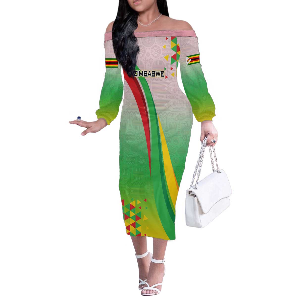 Zimbabwe Vibe Family Matching Off The Shoulder Long Sleeve Dress and Hawaiian Shirt Tribal-Inspired Background with Geometric Flag Color Design