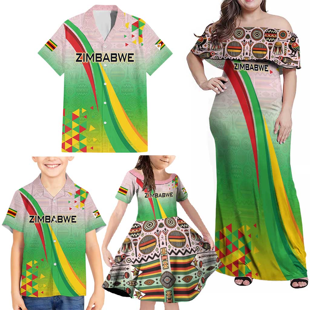 Zimbabwe Vibe Family Matching Off Shoulder Maxi Dress and Hawaiian Shirt Tribal-Inspired Background with Geometric Flag Color Design