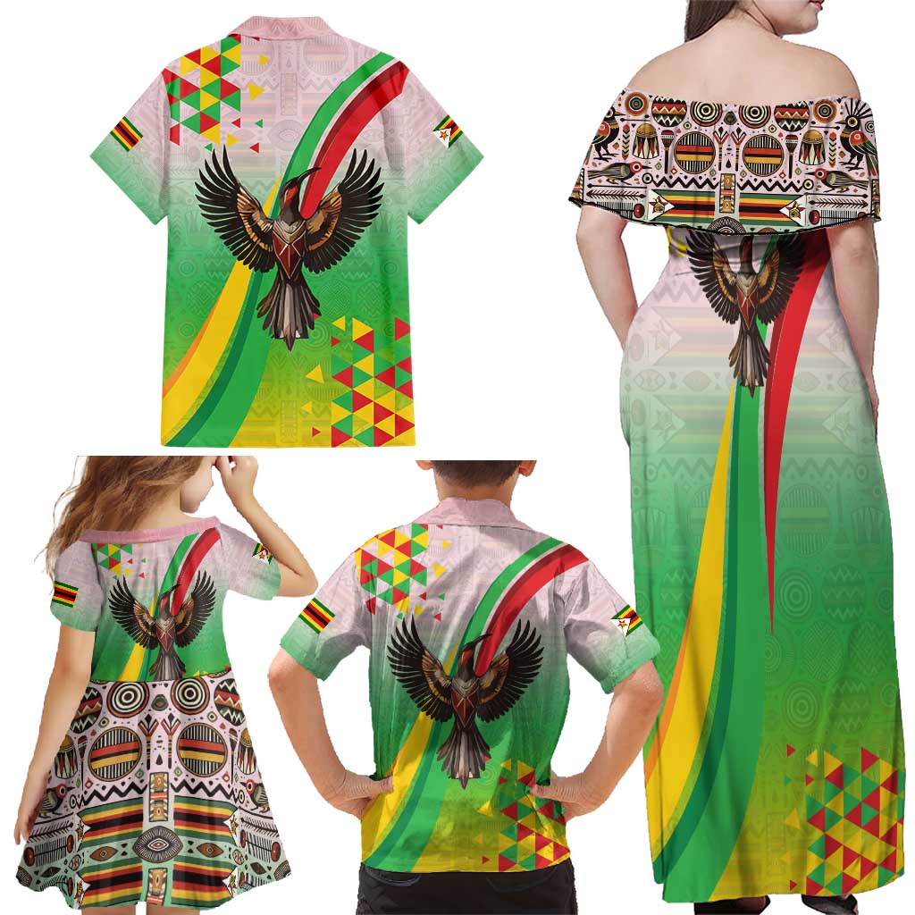 Zimbabwe Vibe Family Matching Off Shoulder Maxi Dress and Hawaiian Shirt Tribal-Inspired Background with Geometric Flag Color Design