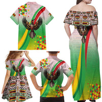 Zimbabwe Vibe Family Matching Off Shoulder Maxi Dress and Hawaiian Shirt Tribal-Inspired Background with Geometric Flag Color Design