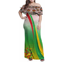 Zimbabwe Vibe Family Matching Off Shoulder Maxi Dress and Hawaiian Shirt Tribal-Inspired Background with Geometric Flag Color Design