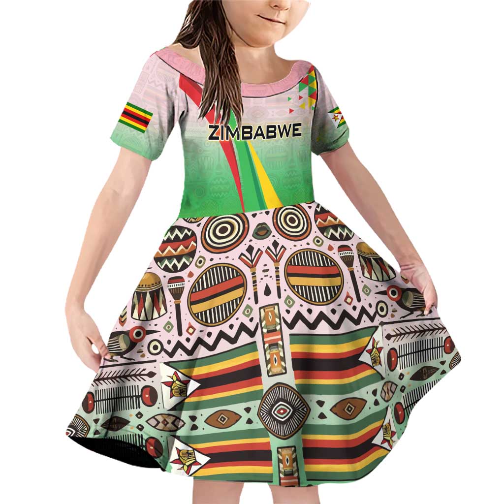 Zimbabwe Vibe Family Matching Off Shoulder Short Dress and Hawaiian Shirt Tribal-Inspired Background with Geometric Flag Color Design