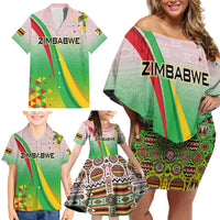 Zimbabwe Vibe Family Matching Off Shoulder Short Dress and Hawaiian Shirt Tribal-Inspired Background with Geometric Flag Color Design