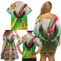 Zimbabwe Vibe Family Matching Off Shoulder Short Dress and Hawaiian Shirt Tribal-Inspired Background with Geometric Flag Color Design