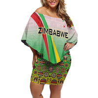 Zimbabwe Vibe Family Matching Off Shoulder Short Dress and Hawaiian Shirt Tribal-Inspired Background with Geometric Flag Color Design