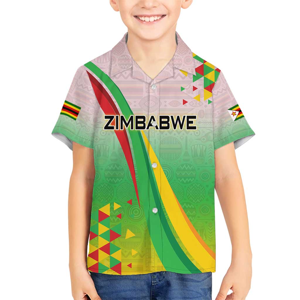 Zimbabwe Vibe Family Matching Off Shoulder Short Dress and Hawaiian Shirt Tribal-Inspired Background with Geometric Flag Color Design