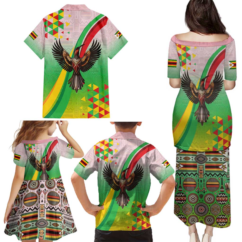 Zimbabwe Vibe Family Matching Puletasi and Hawaiian Shirt Tribal-Inspired Background with Geometric Flag Color Design