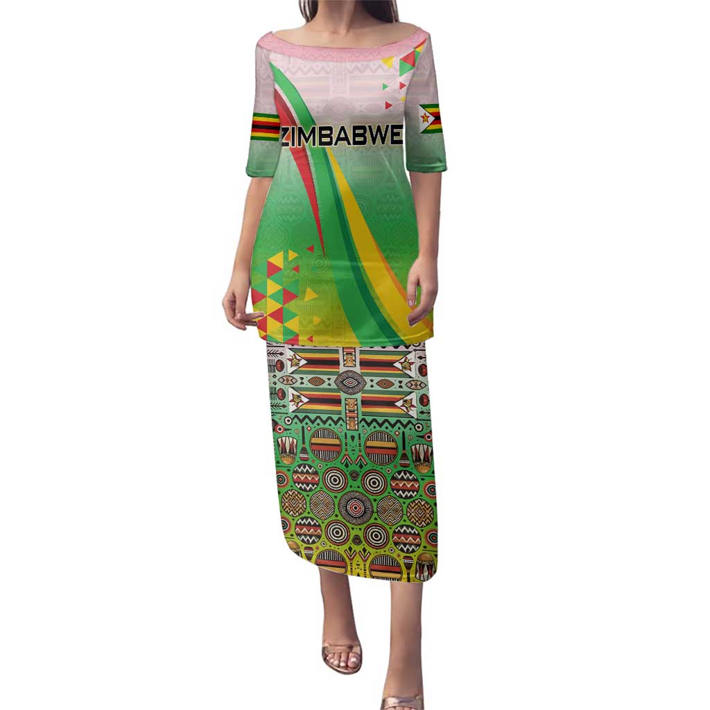 Zimbabwe Vibe Family Matching Puletasi and Hawaiian Shirt Tribal-Inspired Background with Geometric Flag Color Design