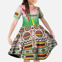 Zimbabwe Vibe Family Matching Short Sleeve Bodycon Dress and Hawaiian Shirt Tribal-Inspired Background with Geometric Flag Color Design