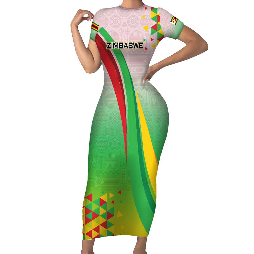 Zimbabwe Vibe Family Matching Short Sleeve Bodycon Dress and Hawaiian Shirt Tribal-Inspired Background with Geometric Flag Color Design