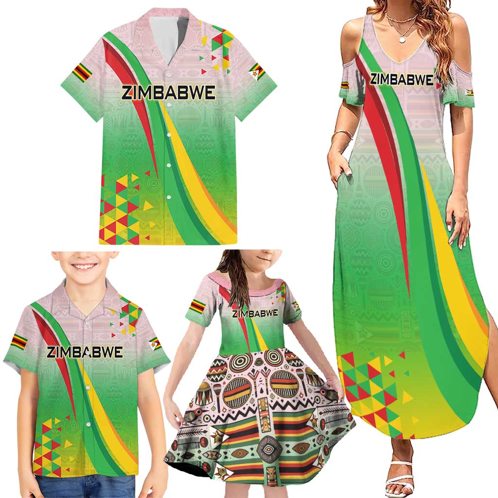 Zimbabwe Vibe Family Matching Summer Maxi Dress and Hawaiian Shirt Tribal-Inspired Background with Geometric Flag Color Design