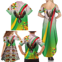 Zimbabwe Vibe Family Matching Summer Maxi Dress and Hawaiian Shirt Tribal-Inspired Background with Geometric Flag Color Design