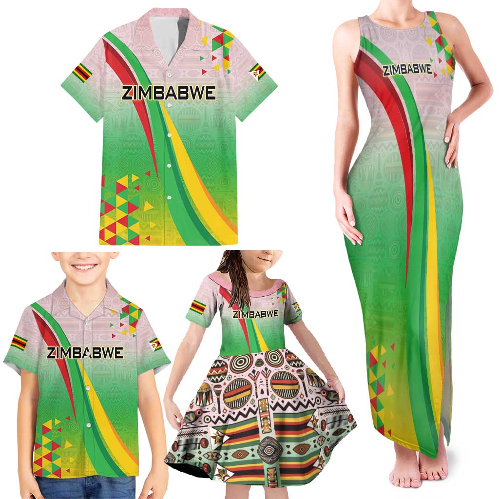 Zimbabwe Vibe Family Matching Tank Maxi Dress and Hawaiian Shirt Tribal-Inspired Background with Geometric Flag Color Design