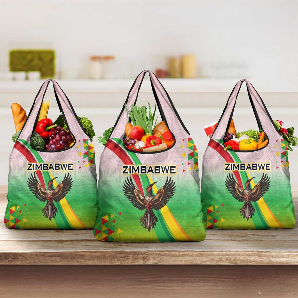 Zimbabwe Vibe Grocery Bag Tribal-Inspired Background with Geometric Flag Color Design