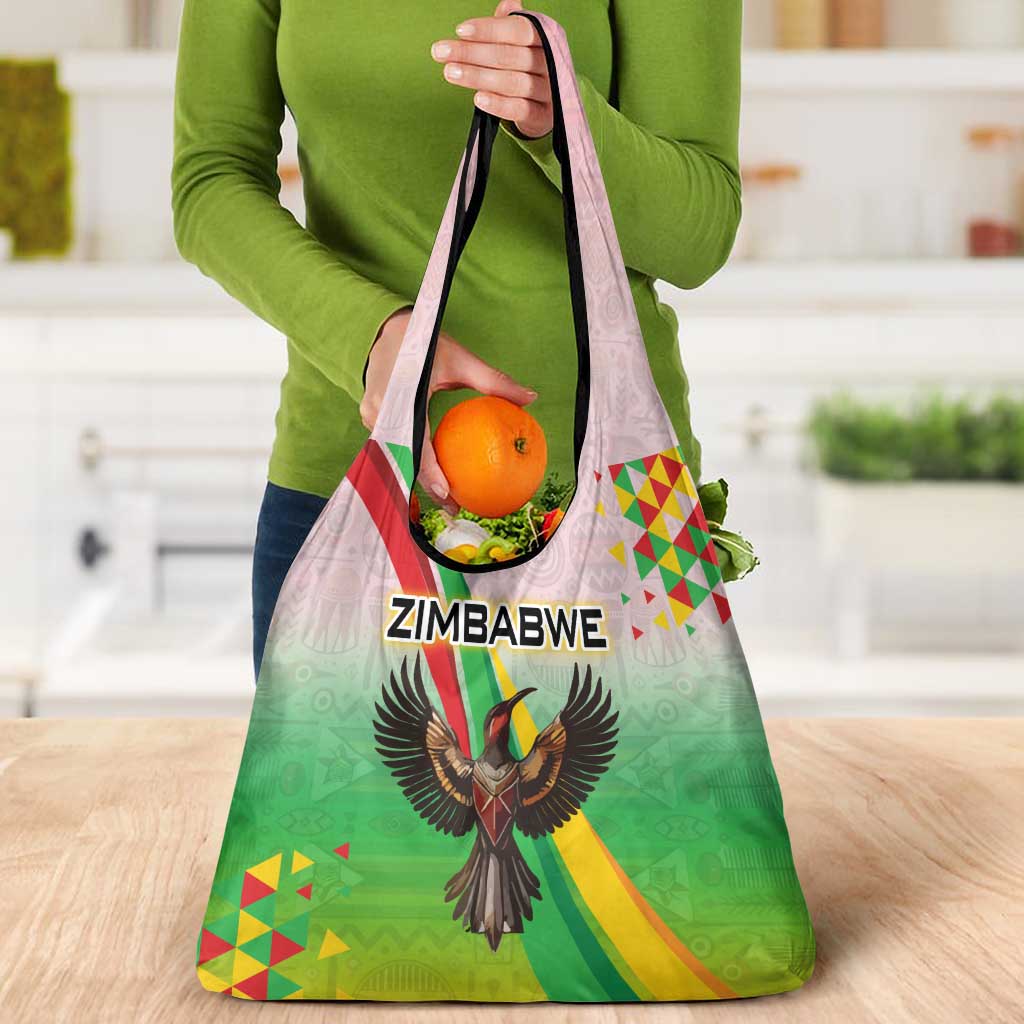 Zimbabwe Vibe Grocery Bag Tribal-Inspired Background with Geometric Flag Color Design