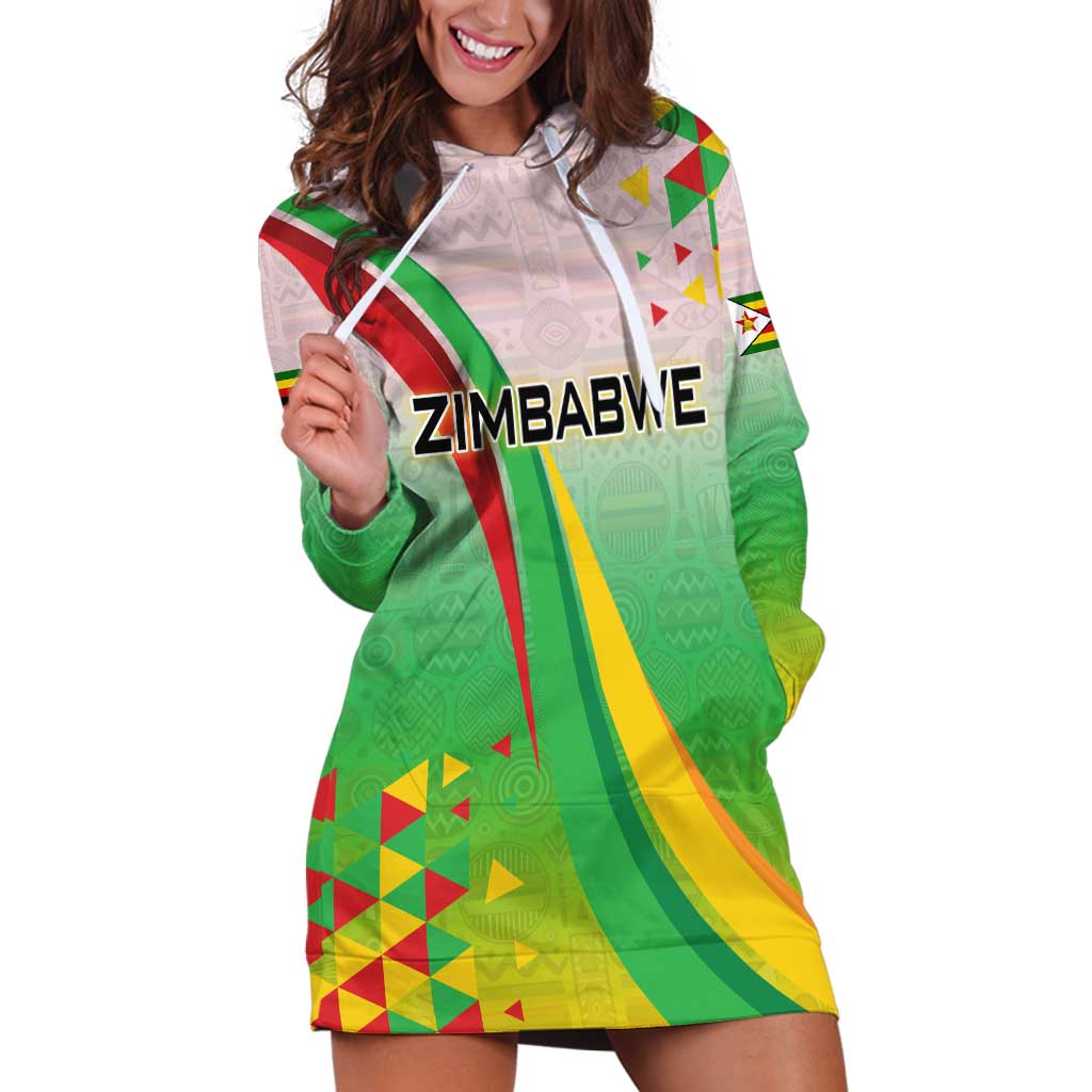 Zimbabwe Vibe Hoodie Dress Tribal-Inspired Background with Geometric Flag Color Design