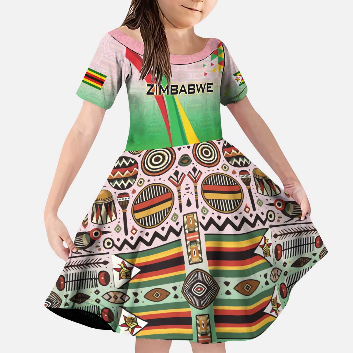 Zimbabwe Vibe Kid Short Sleeve Dress Tribal-Inspired Background with Geometric Flag Color Design
