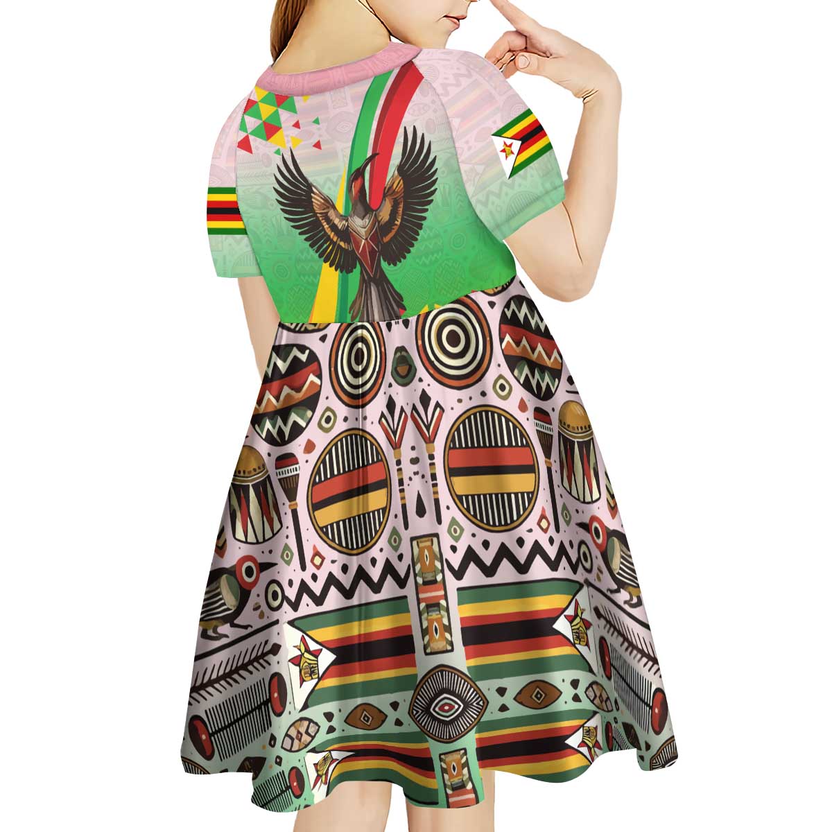 Zimbabwe Vibe Kid Short Sleeve Dress Tribal-Inspired Background with Geometric Flag Color Design