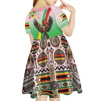 Zimbabwe Vibe Kid Short Sleeve Dress Tribal-Inspired Background with Geometric Flag Color Design