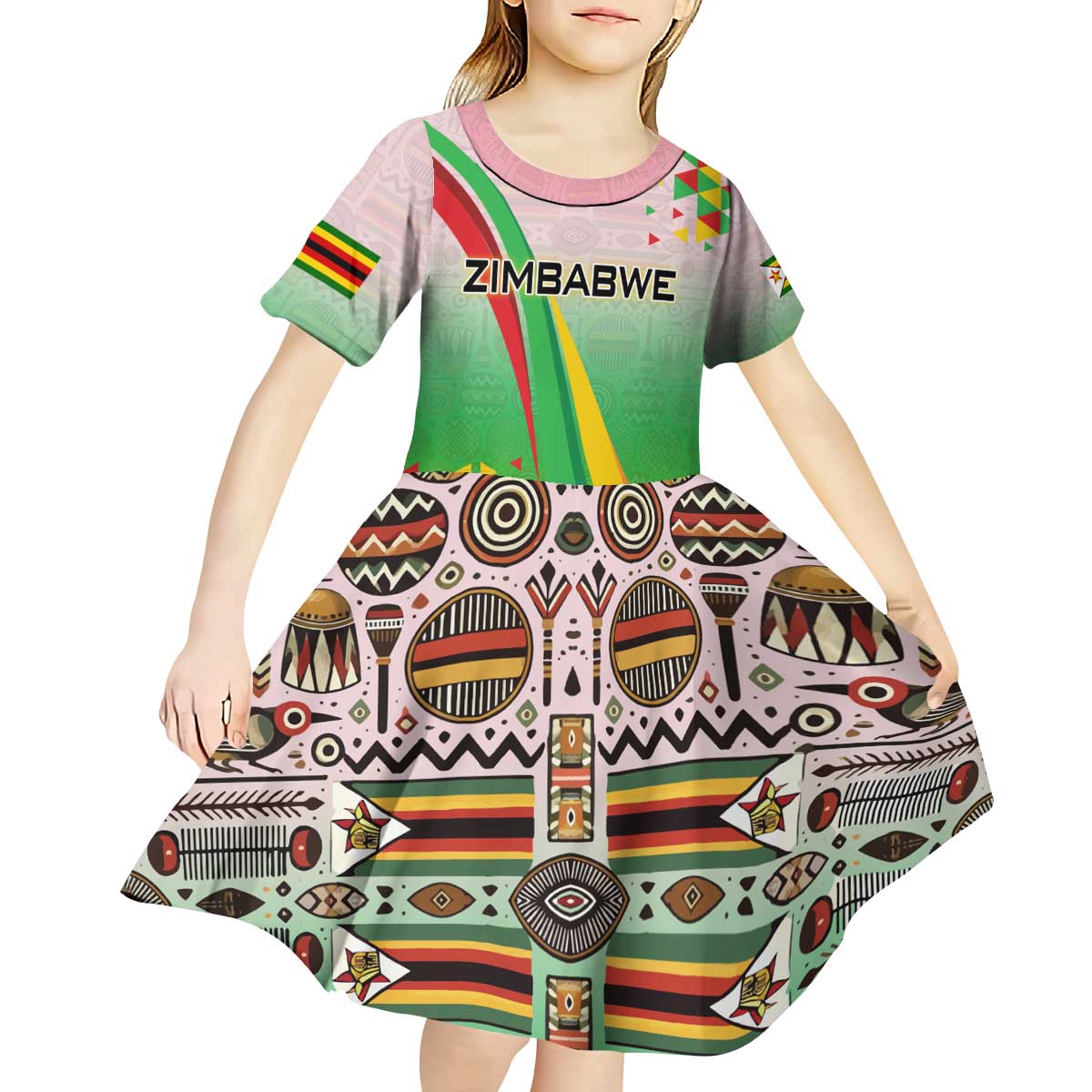 Zimbabwe Vibe Kid Short Sleeve Dress Tribal-Inspired Background with Geometric Flag Color Design