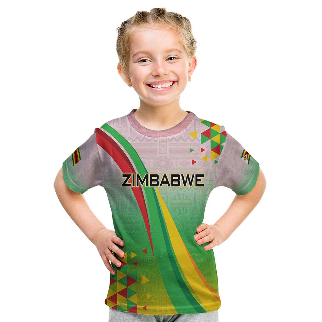 Zimbabwe Vibe Kid T Shirt Tribal-Inspired Background with Geometric Flag Color Design