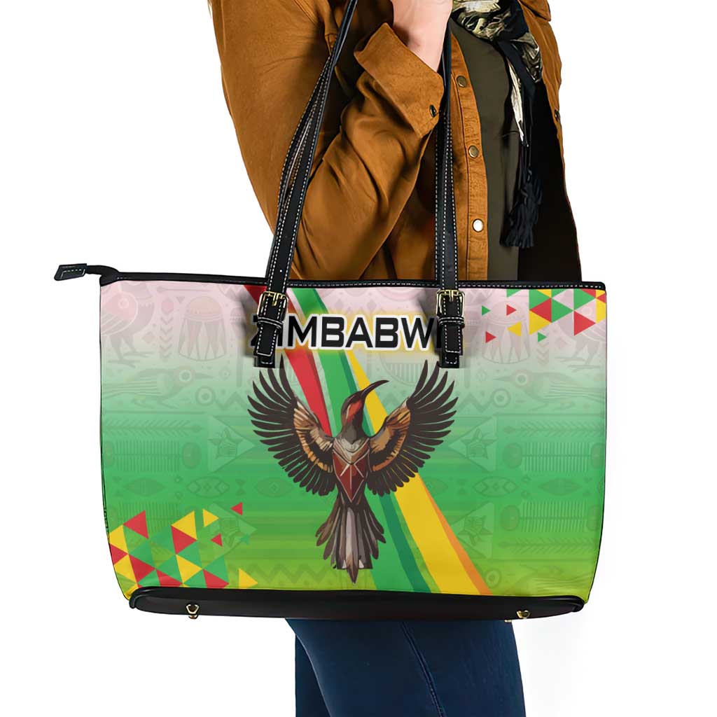 Zimbabwe Vibe Leather Tote Bag Tribal-Inspired Background with Geometric Flag Color Design