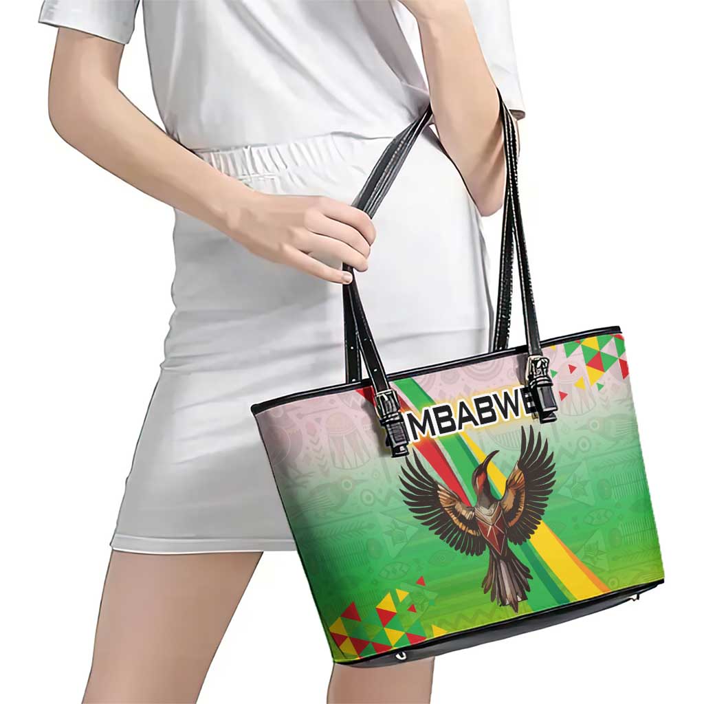 Zimbabwe Vibe Leather Tote Bag Tribal-Inspired Background with Geometric Flag Color Design