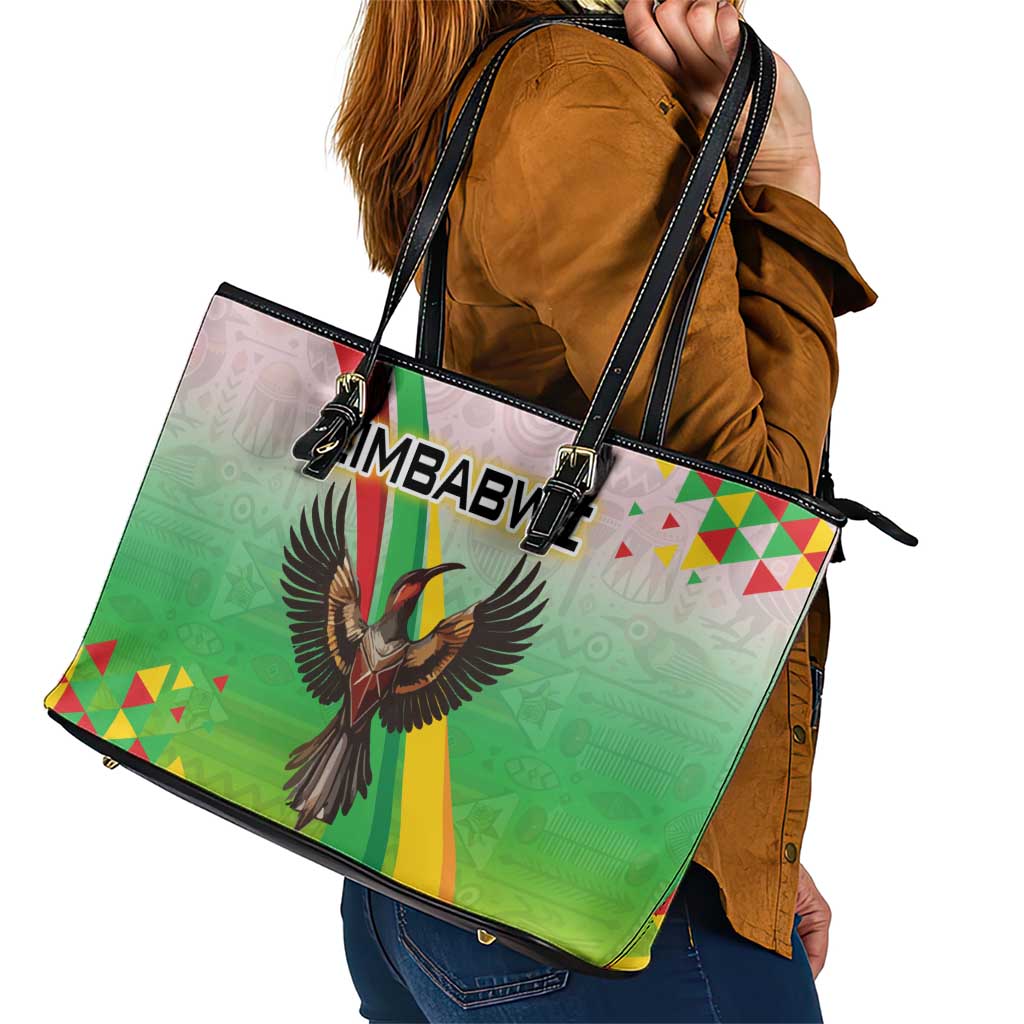 Zimbabwe Vibe Leather Tote Bag Tribal-Inspired Background with Geometric Flag Color Design