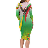 Zimbabwe Vibe Long Sleeve Bodycon Dress Tribal-Inspired Background with Geometric Flag Color Design