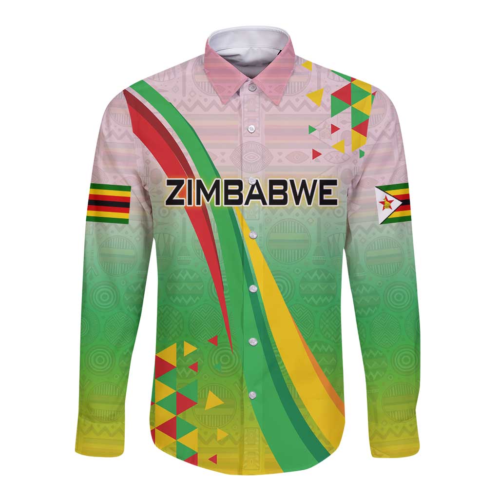 Zimbabwe Vibe Long Sleeve Button Shirt Tribal-Inspired Background with Geometric Flag Color Design