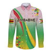 Zimbabwe Vibe Long Sleeve Button Shirt Tribal-Inspired Background with Geometric Flag Color Design