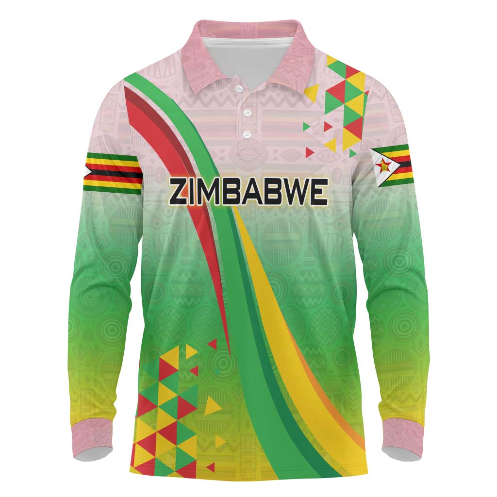 Zimbabwe Vibe Long Sleeve Polo Shirt Tribal-Inspired Background with Geometric Flag Color Design