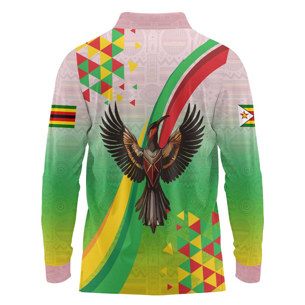 Zimbabwe Vibe Long Sleeve Polo Shirt Tribal-Inspired Background with Geometric Flag Color Design