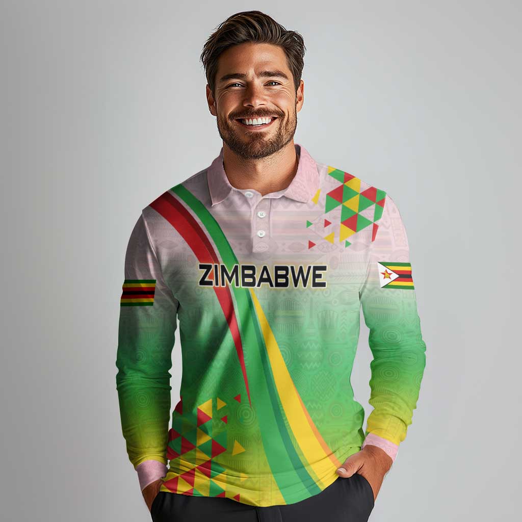 Zimbabwe Vibe Long Sleeve Polo Shirt Tribal-Inspired Background with Geometric Flag Color Design