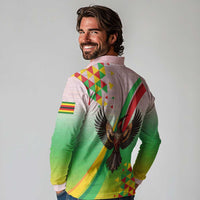 Zimbabwe Vibe Long Sleeve Polo Shirt Tribal-Inspired Background with Geometric Flag Color Design