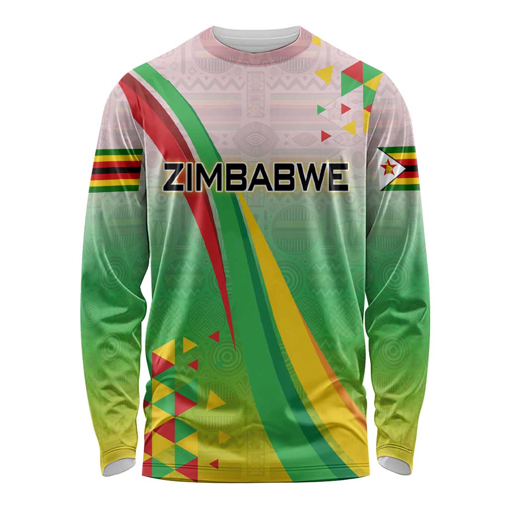 Zimbabwe Vibe Long Sleeve Shirt Tribal-Inspired Background with Geometric Flag Color Design