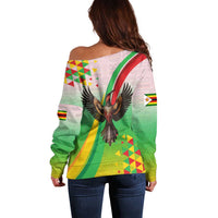 Zimbabwe Vibe Off Shoulder Sweater Tribal-Inspired Background with Geometric Flag Color Design