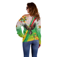 Zimbabwe Vibe Off Shoulder Sweater Tribal-Inspired Background with Geometric Flag Color Design