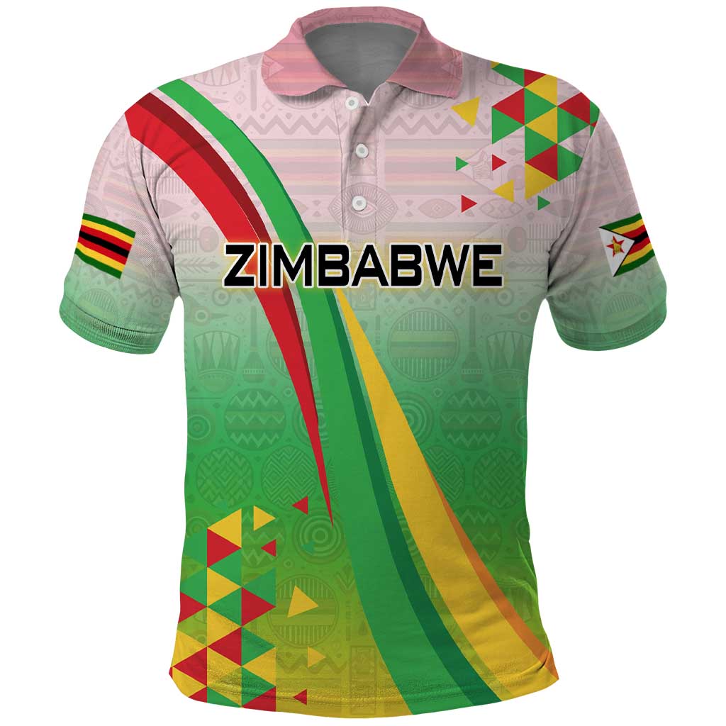 Zimbabwe Vibe Polo Shirt Tribal-Inspired Background with Geometric Flag Color Design
