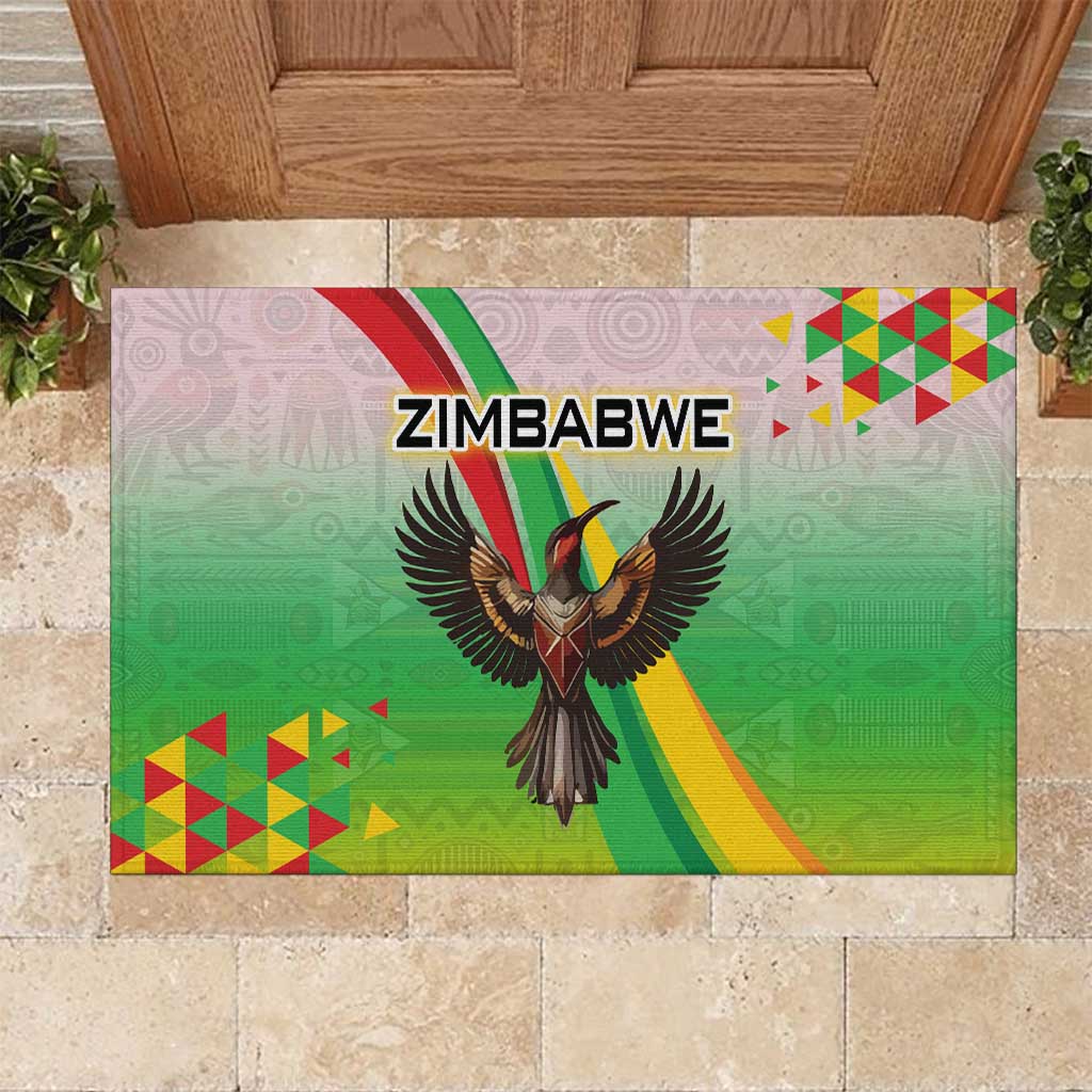 Zimbabwe Vibe Rubber Doormat Tribal-Inspired Background with Geometric Flag Color Design