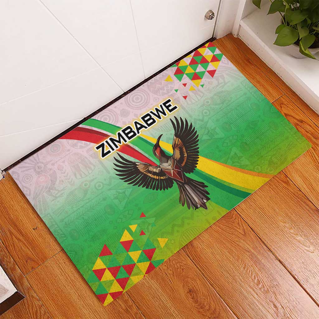 Zimbabwe Vibe Rubber Doormat Tribal-Inspired Background with Geometric Flag Color Design