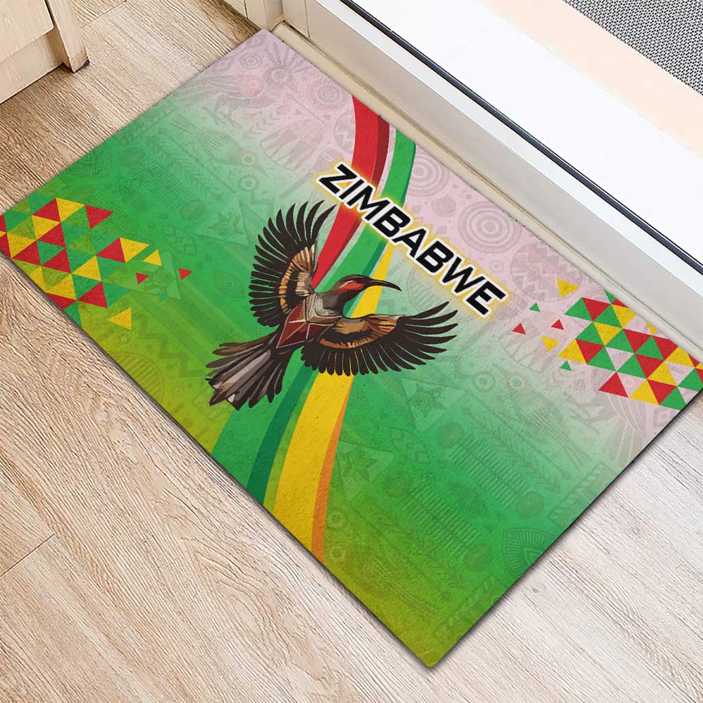 Zimbabwe Vibe Rubber Doormat Tribal-Inspired Background with Geometric Flag Color Design