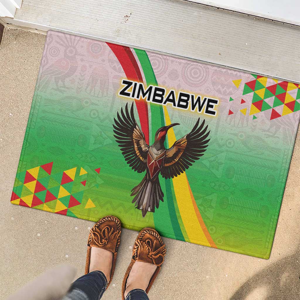 Zimbabwe Vibe Rubber Doormat Tribal-Inspired Background with Geometric Flag Color Design