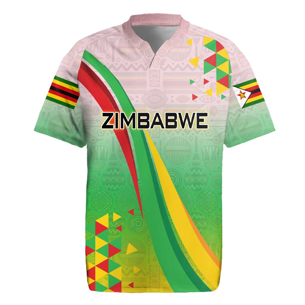 Zimbabwe Vibe Rugby Jersey Tribal-Inspired Background with Geometric Flag Color Design
