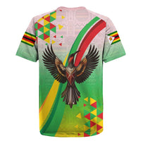 Zimbabwe Vibe Rugby Jersey Tribal-Inspired Background with Geometric Flag Color Design